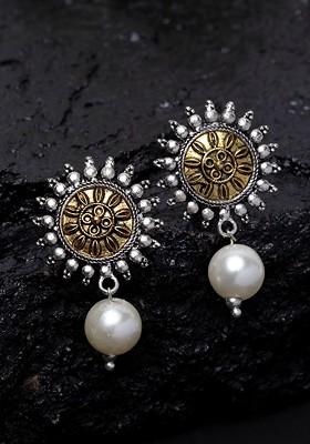 Silver Plated And Gold Toned Circular Drop Earrings