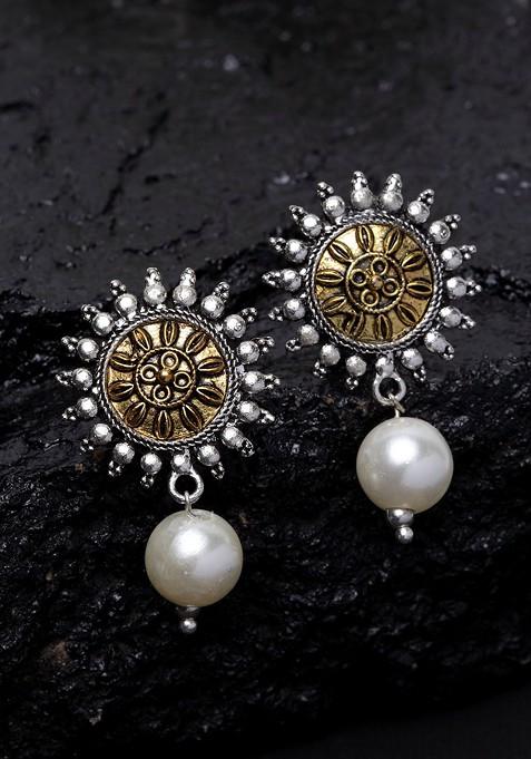 Silver Plated And Gold Toned Circular Drop Earrings