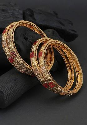 Set Of Four 24 KT Gold Plated Pink And White Stone Studded Handcrafted Bangles