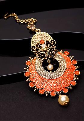 Gold Plated And Orange Colored Stone Studded Enameled Hand Painted Traditional Maang Tikka