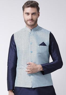 Men Blue Printed Dupion Silk Nehru Jacket