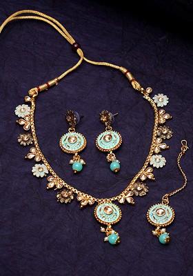 Gold Plated Sea Green And Beige Kundan Studded Handcrafted Enamelled Jewellery Set