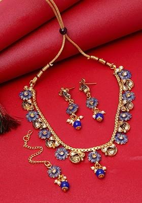 Gold Plated Blue And Beige Kundan Studded Handcrafted Enamelled Jewellery Set