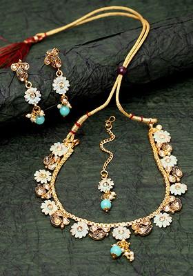 Gold Plated Sea Green And Beige Kundan Studded Handcrafted Enamelled Jewellery Set