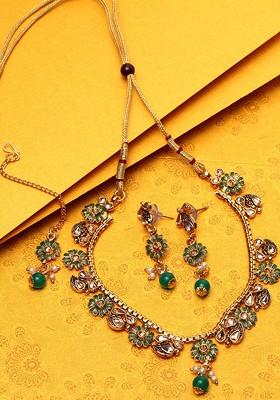 Gold Plated And Green Kundan Studded Handcrafted Enamelled Jewellery Set