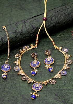 Gold Plated Blue And Beige Kundan Studded Handcrafted Enamelled Jewellery Set