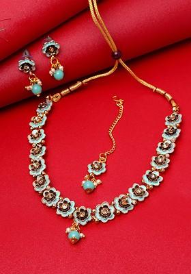 Gold Plated Turquoise Blue And Beige Stone Studded Beaded Handcrafted Enamelled Jewellery Set