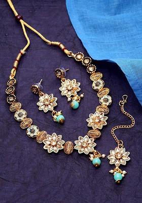 Sea Green Gold Plated Kundan Handcrafted Enamelled Jewellery Set