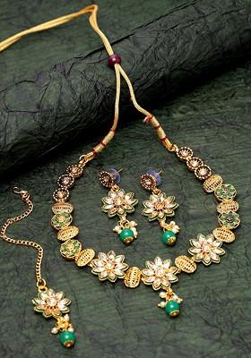 Gold Plated Green And Beige Kundan Studded Handcrafted Enamelled Jewellery Set
