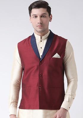 Men Maroon Solid Dupion Silk Nehru Jacket