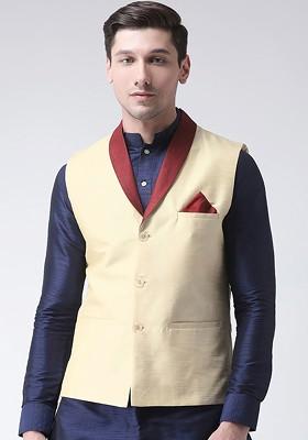Men Cream Coloured Solid Dupion Silk Nehru Jacket