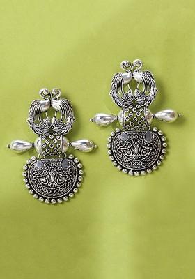 Silver Toned Silver Plated Peacock Shaped Oxidised Drop Earrings