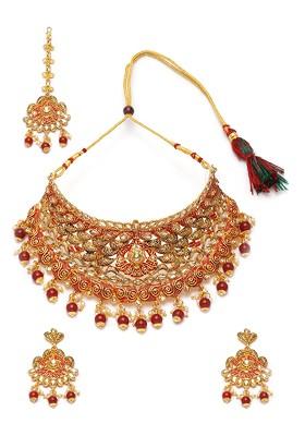 Gold Plated Red And Beige Stone Studded Enamelled Handcrafted Jewellery Set