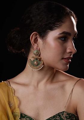Gold Toned And Green Geometric Handpainted Drop Earrings