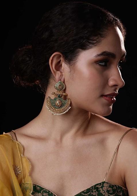 Gold Toned And Green Geometric Handpainted Drop Earrings