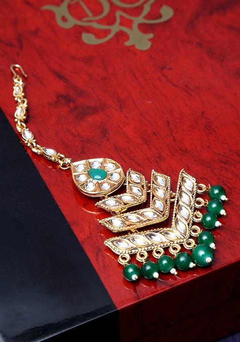 Gold Plated Green And White Kundan Studded Maang Tikka