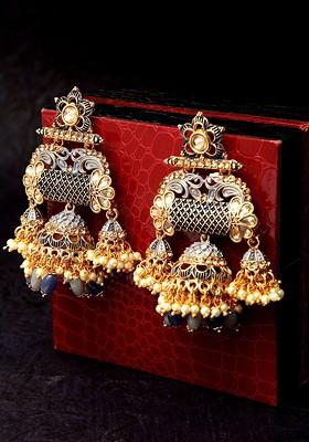 Gold Toned And Black Dome Shaped Gold Plated Hand Painted Drop Earrings