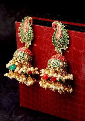 Gold Toned And Red Dome Shaped Jhumkas