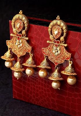 Gold Toned And Red Dome Shaped Drop Earrings