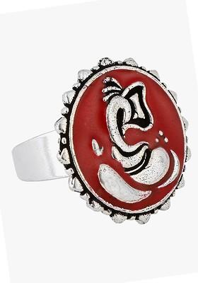 Oxidised Silver Plated And Red Enamelled Adjustable Finger Ring