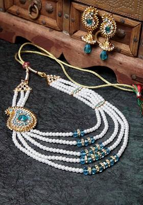 Gold Plated Turquoise Blue And White Pearl And Stone Studded Layered Jewellery Set