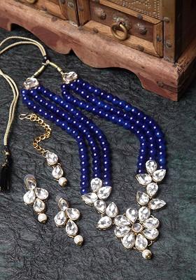 Gold Plated Navy Blue And White Crystal And Pearl Embellished Trendy 3 Layer Jadau Jewellery Set