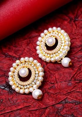 White Gold Plated Jadau Pearl Studded Circular Drop Earrings