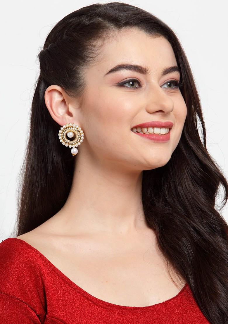 White Gold Plated Jadau Pearl Studded Circular Drop Earrings