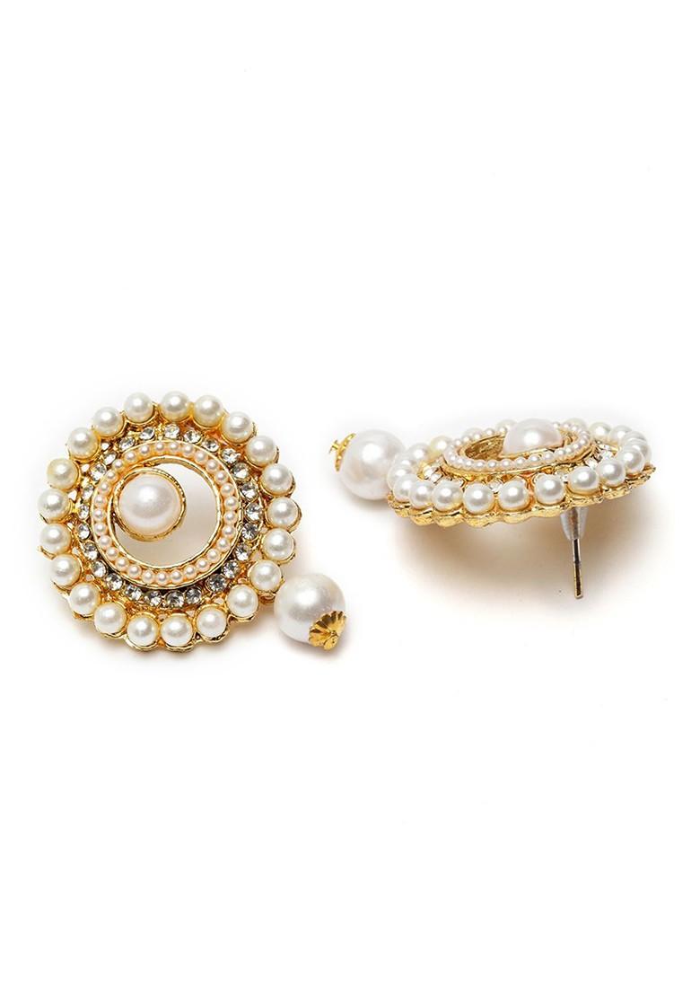 White Gold Plated Jadau Pearl Studded Circular Drop Earrings