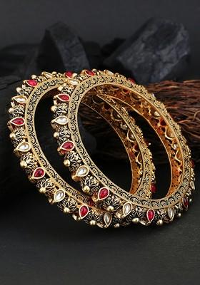Set Of 2 Gold Plated Red And White Stone Studded Handcrafted Bangles
