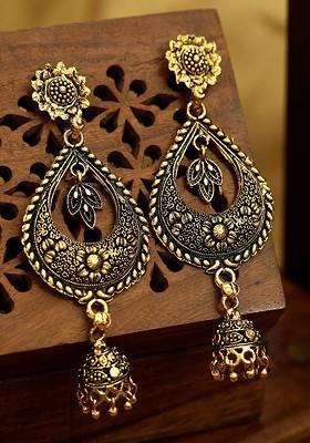 Gunmetal Toned And Gold Toned Teardrop Shaped Drop Earrings