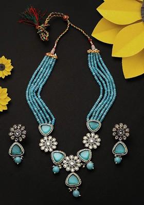 Gold Plated Blue And White Cz Stone Studded Bead Handcrafted Jewellery Set