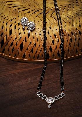 Gold Plated Black And White Ad Studded And Bead Mangalsutra With Earrings