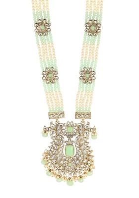 Gold Plated Sea Green And Off White Kundan Studded Pearl Handcrafted Jewellery Set