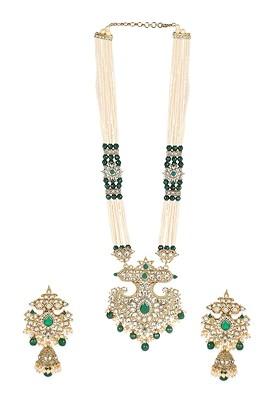 Gold Plated Green And Off White Kundan Studded Pearl Handcrafted Jewellery Set