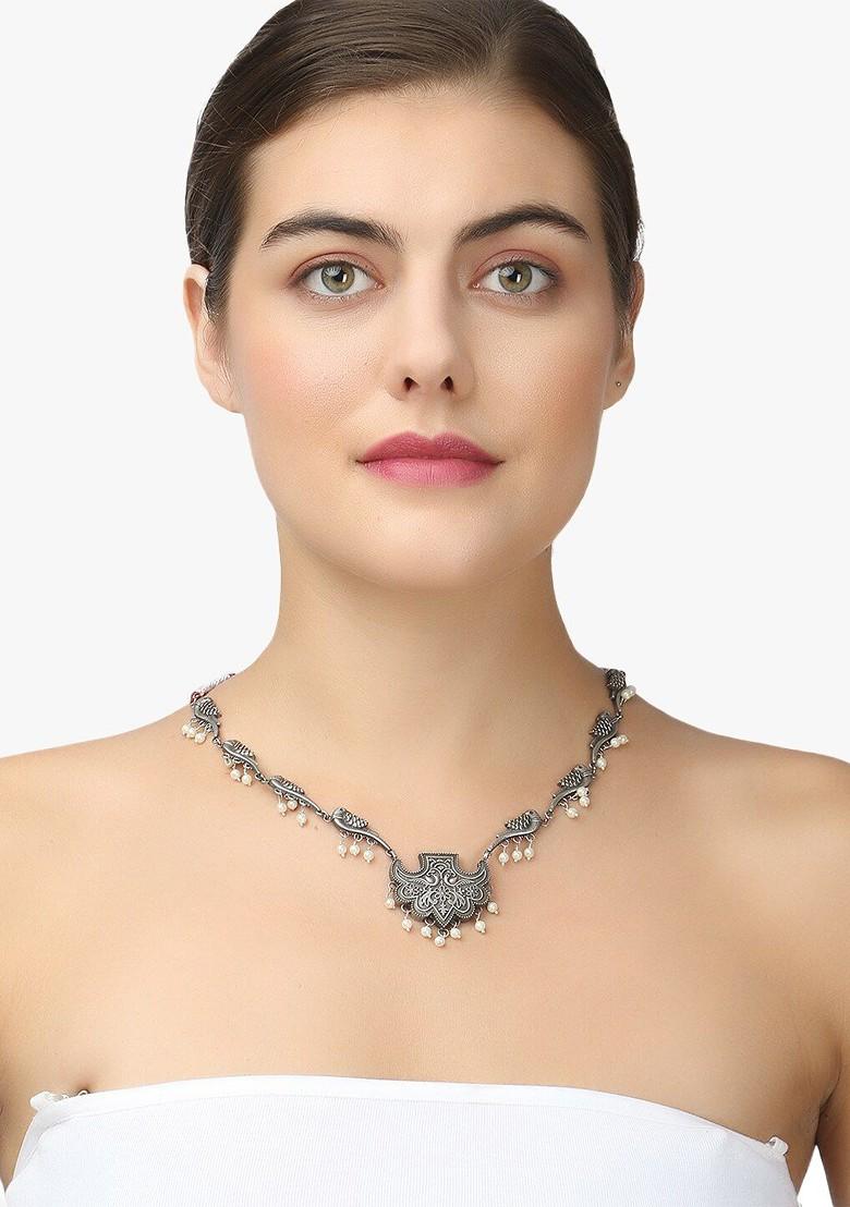 Silver Plated Oxidised Peacock Design Necklace