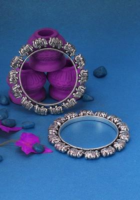 Set Of 2 Oxidised Silver Plated Elephant Shaped Bangles