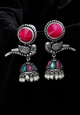 Silver Plated And Pink German Silver Oxidised Peacock Shaped Jhumkas