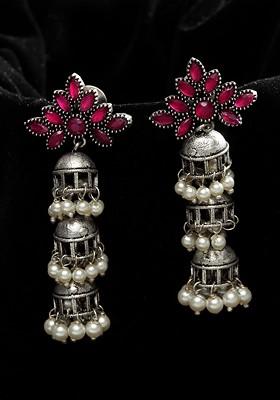 Silver Plated And Pink German Silver Oxidised Dome Shaped Jhumkas