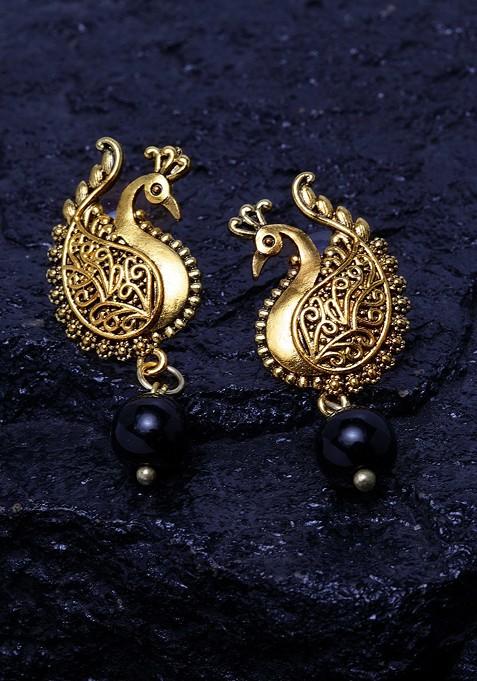 Gold Plated And Black Peacock Shaped Drop Earrings