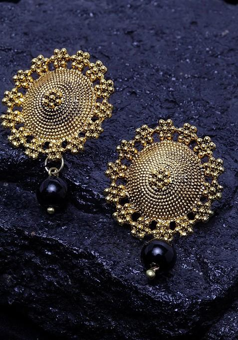 Gold Plated And Black Circular Drop Earrings