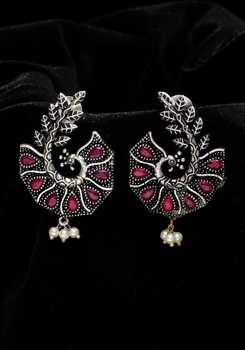 Silver Plated And Pink Peacock Shaped Drop Earrings