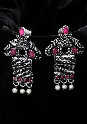Silver Plated And Pink Contemporary Drop Earrings