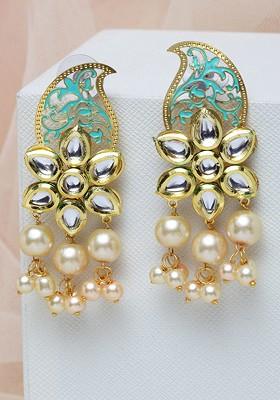 Gold Plated And Sea Green Kundan Paisley Shaped Drop Earrings