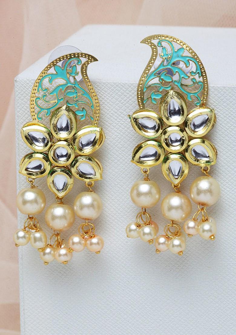Gold Plated And Sea Green Kundan Paisley Shaped Drop Earrings - Indya
