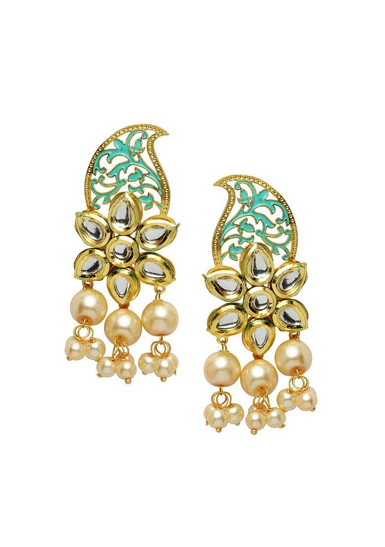Gold Plated And Sea Green Kundan Paisley Shaped Drop Earrings - Indya