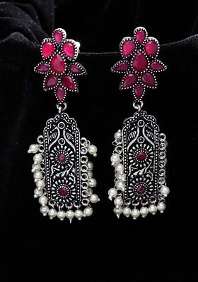 Silver Plated And Pink Oxidised Floral Drop Earrings - Indya