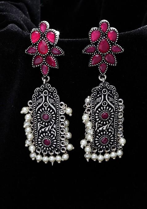 Silver Plated And Pink Oxidised Floral Drop Earrings