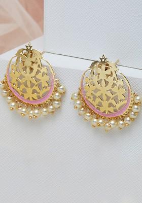 Gold Plated And Pink Meenakari Circular Drop Earrings