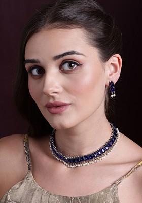 Oxidised Silver Plated White And Blue Stone Studded Beaded Handcrafted Jewellery Set